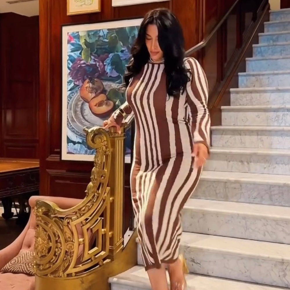 Micas contrast stripe round neck brown maxi dress